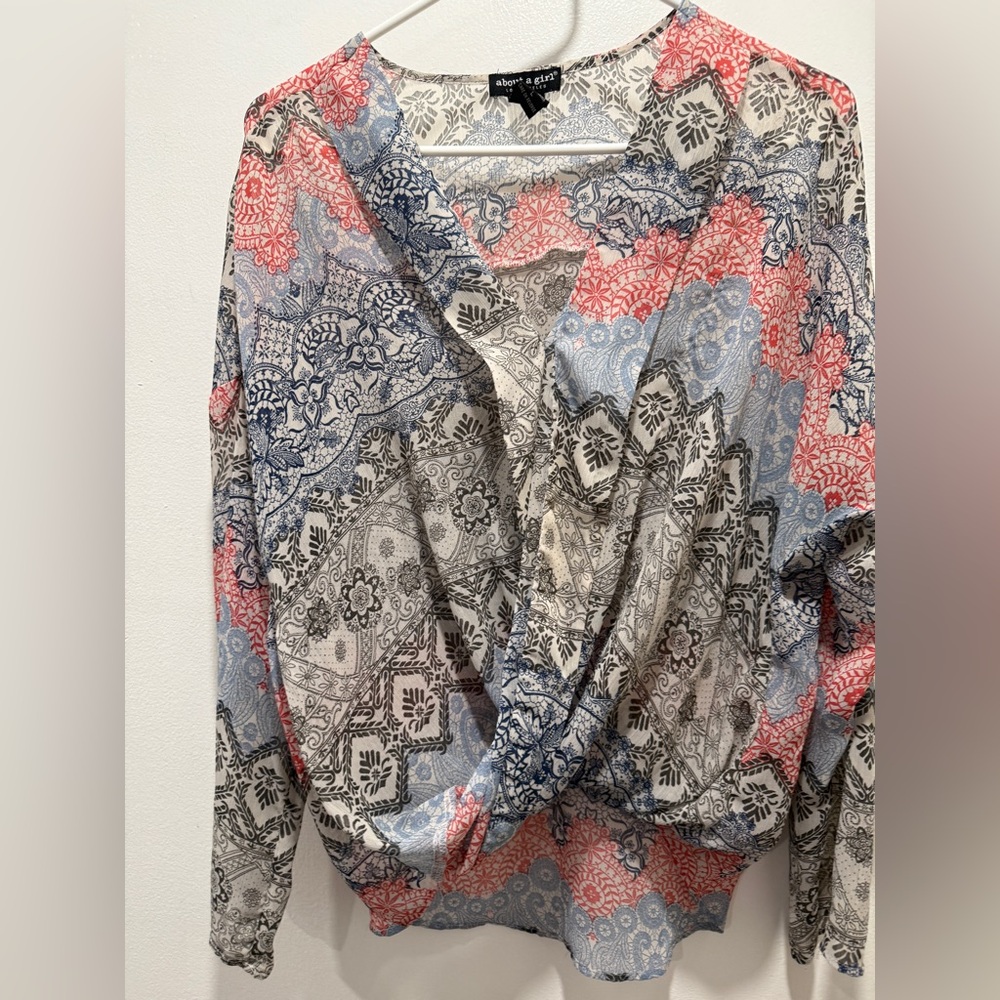 About A Girl Blue and Red Patterned Blouse